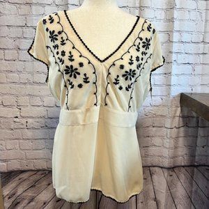 Boho Embroidered Blouse Cream Black Floral Sheer Tunic Top V-Neck Size XXL